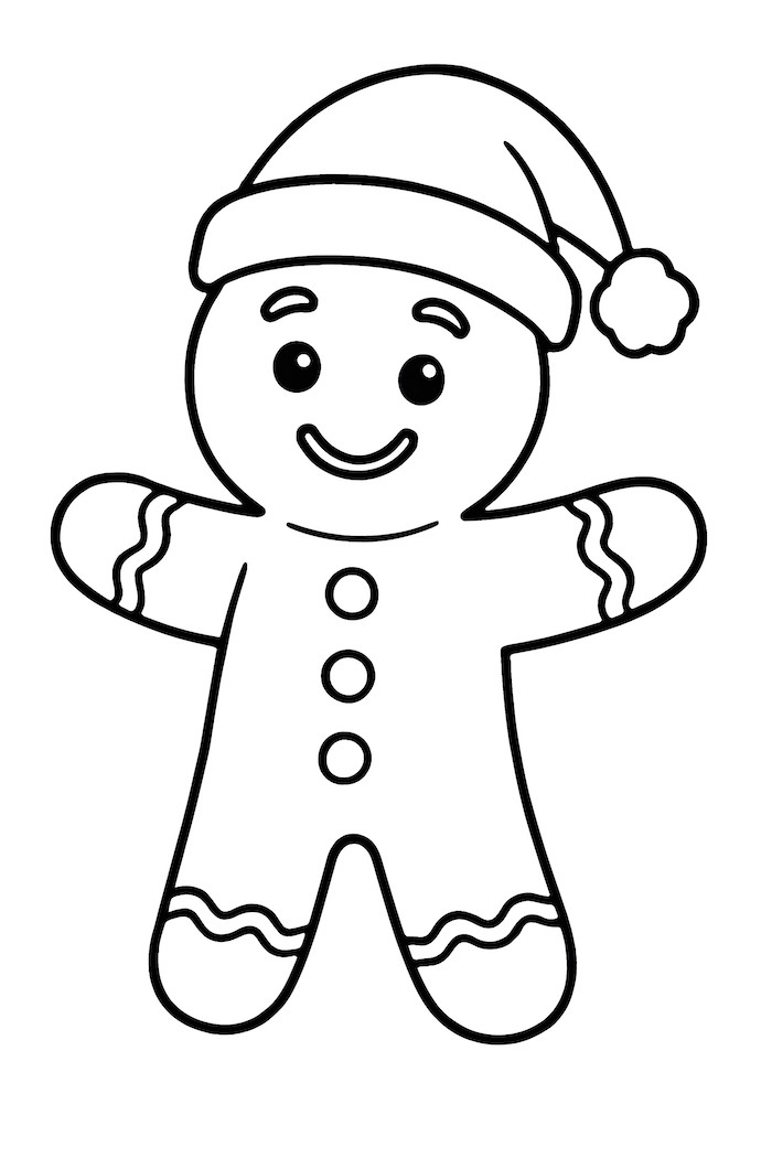 Coloring page of a gingerbread man wearing a Santa hat with buttons and decorative icing