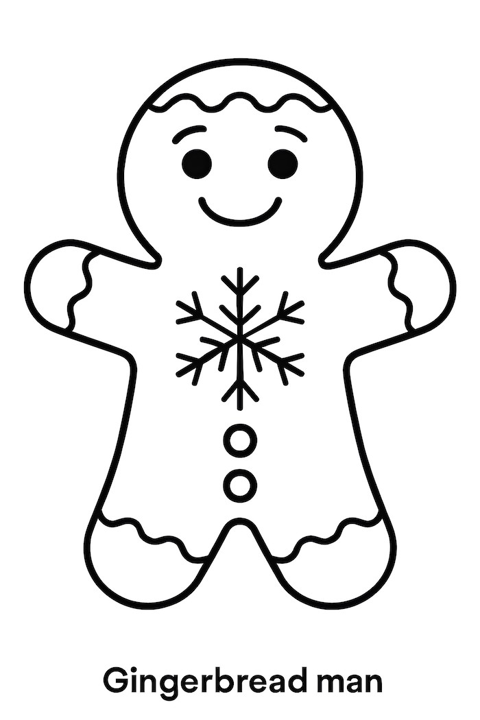 Coloring page of a gingerbread man featuring a snowflake pattern on its torso and round buttons