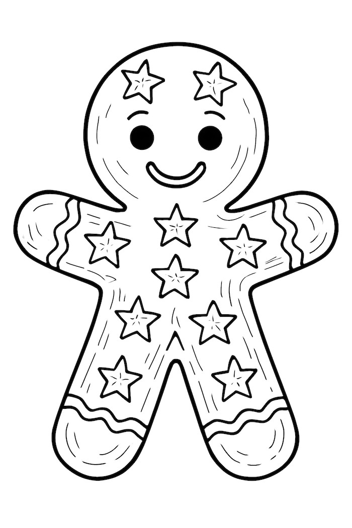 Coloring page of a gingerbread man decorated with star-patterned icing and a smiling face