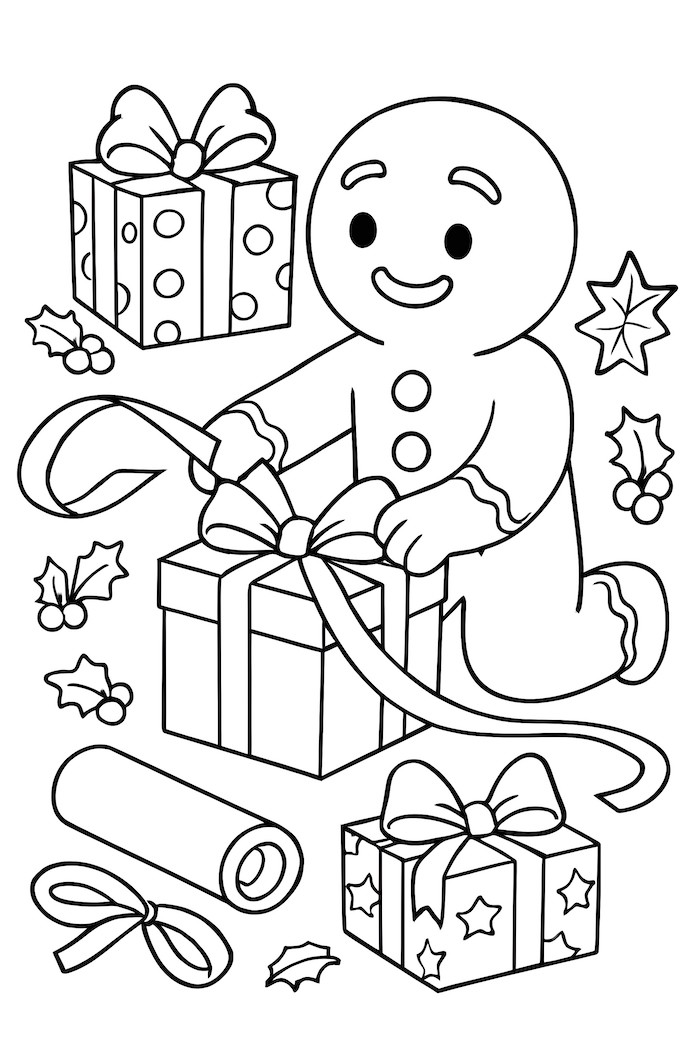 Coloring page of a gingerbread man happily wrapping holiday presents with ribbons and decorations