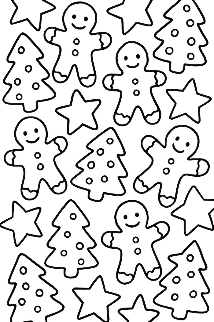 Coloring page featuring a repeating pattern of gingerbread men, Christmas trees, and stars with smiling faces and decorative elements