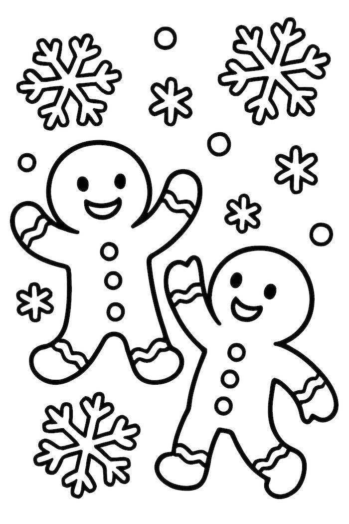 Coloring page of two gingerbread men joyfully catching falling snowflakes and small star shapes in a winter scene