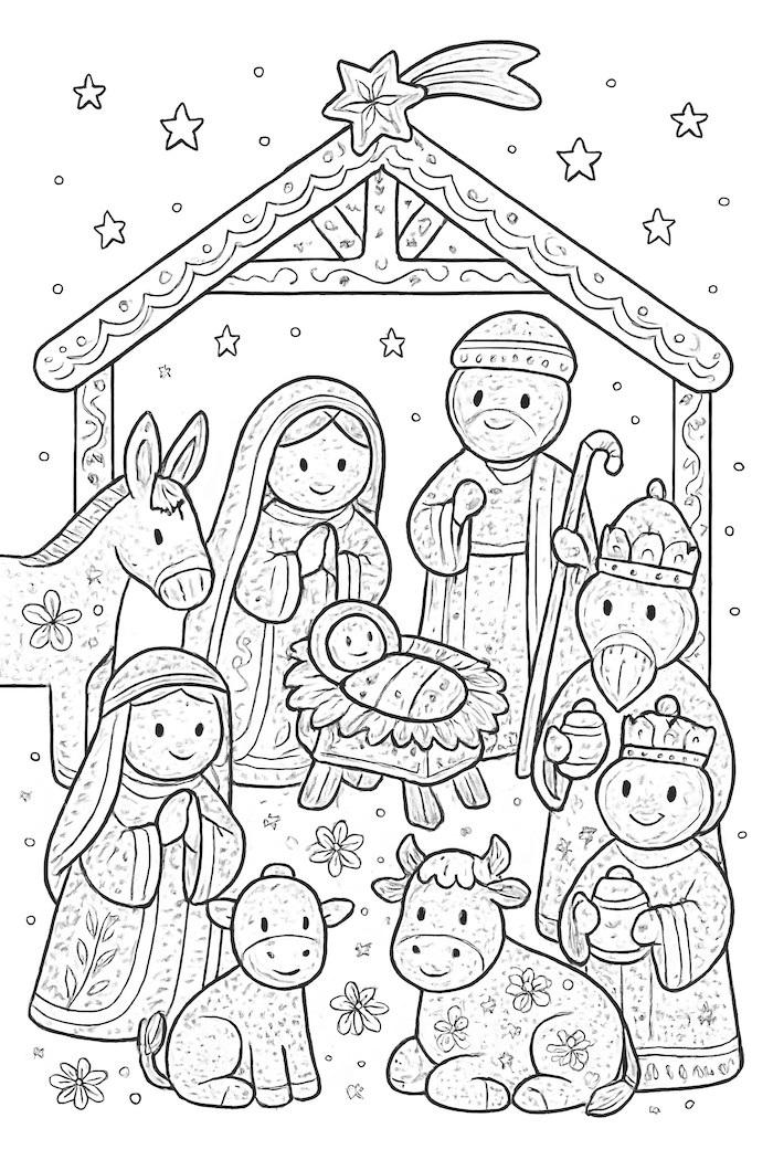 Coloring page of a gingerbread nativity scene with detailed characters, including Mary, Joseph, baby Jesus, and animals like a donkey and cow