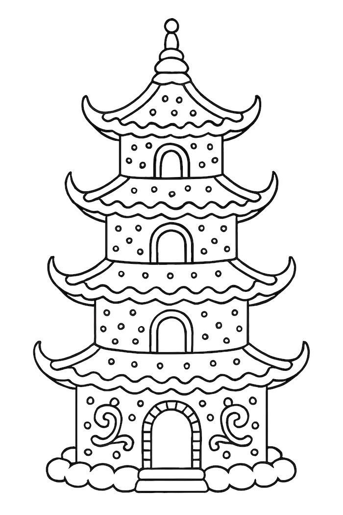 Coloring page of a gingerbread pagoda with three tiers, adorned with decorative swirls and candy embellishments