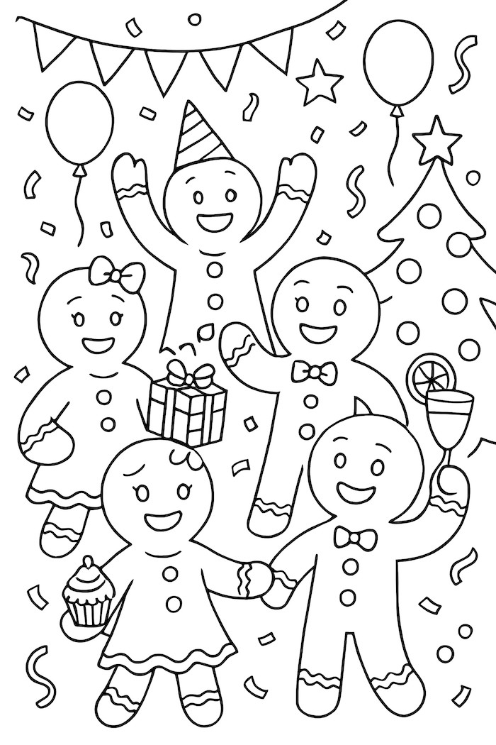 Coloring page of gingerbread men and women at a festive party with balloons and a Christmas tree