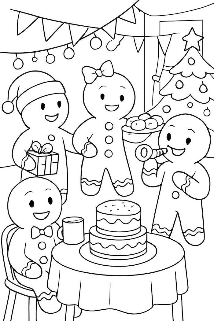 Coloring page of gingerbread people having a festive party with a cake, gifts, and a Christmas tree