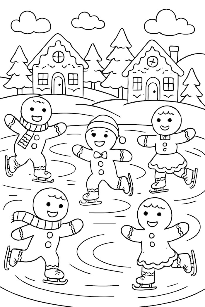 Coloring page of gingerbread people ice skating on a pond, surrounded by trees and houses