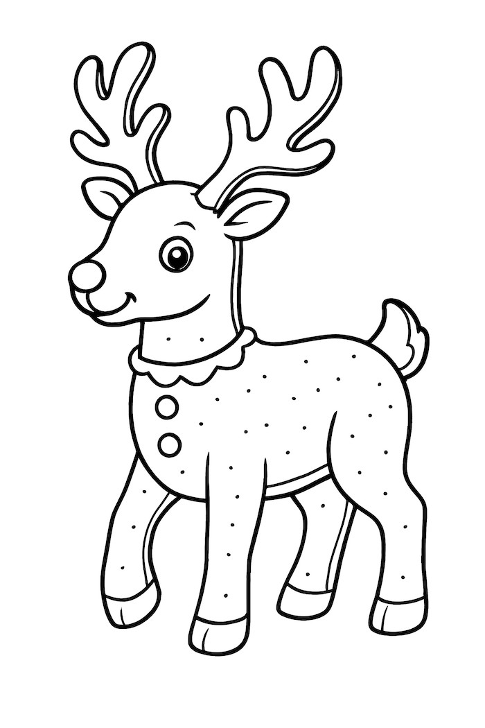 Coloring page of a gingerbread reindeer with decorative antlers and a dotted body wearing a collar