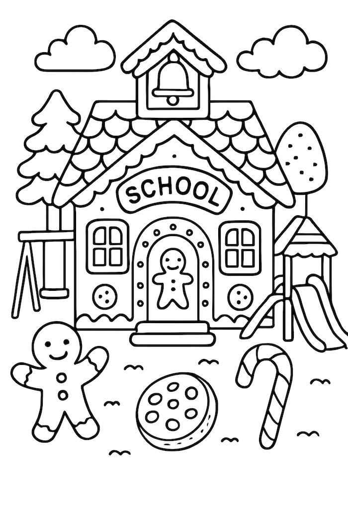 Coloring page of a gingerbread schoolhouse featuring a play area with swings, a slide, and gingerbread decorations like a cookie and candy cane.
