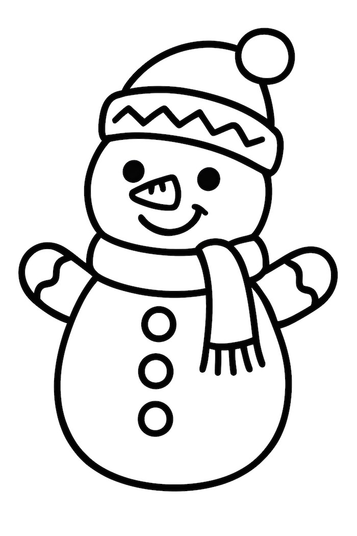 Coloring page of a gingerbread snowman wearing a scarf and a hat, with buttons and a cheerful face