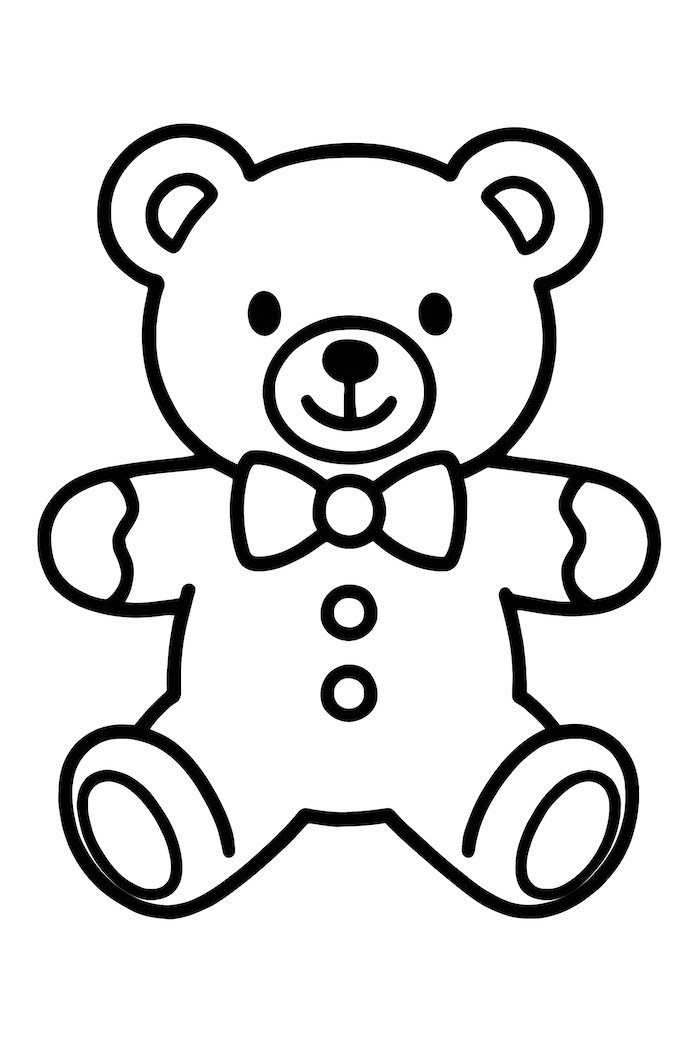 Coloring page of a gingerbread teddy bear with a bow tie, featuring buttons and distinctive icing details