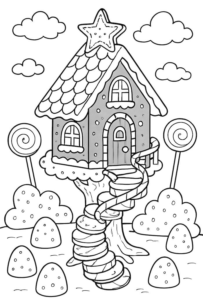 Coloring page of a gingerbread treehouse with a spiral candy staircase, surrounded by lollipop trees and decorative shrubs