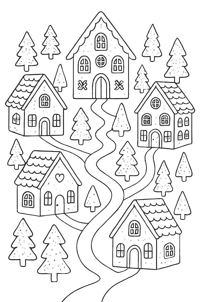 Coloring page of a gingerbread village featuring houses, tiny trees, and winding paths