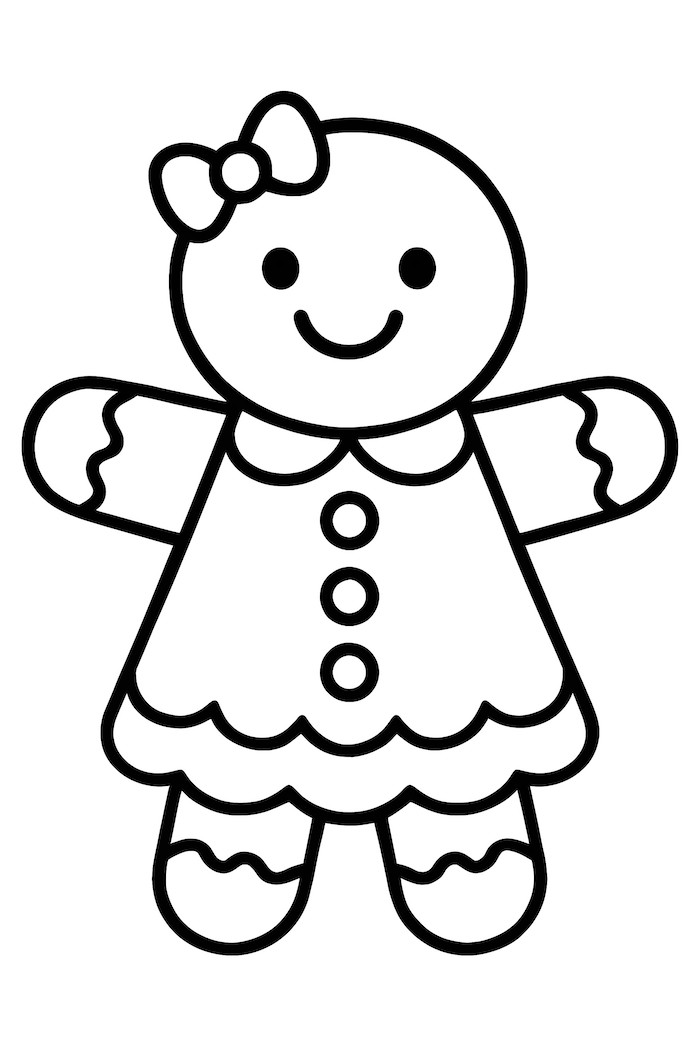 Coloring page of a gingerbread woman wearing a dress adorned with icing details and a bow on her head