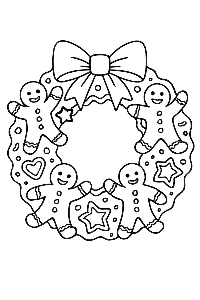 Wreath adorned with gingerbread figures, icing details, and decorative stars and hearts