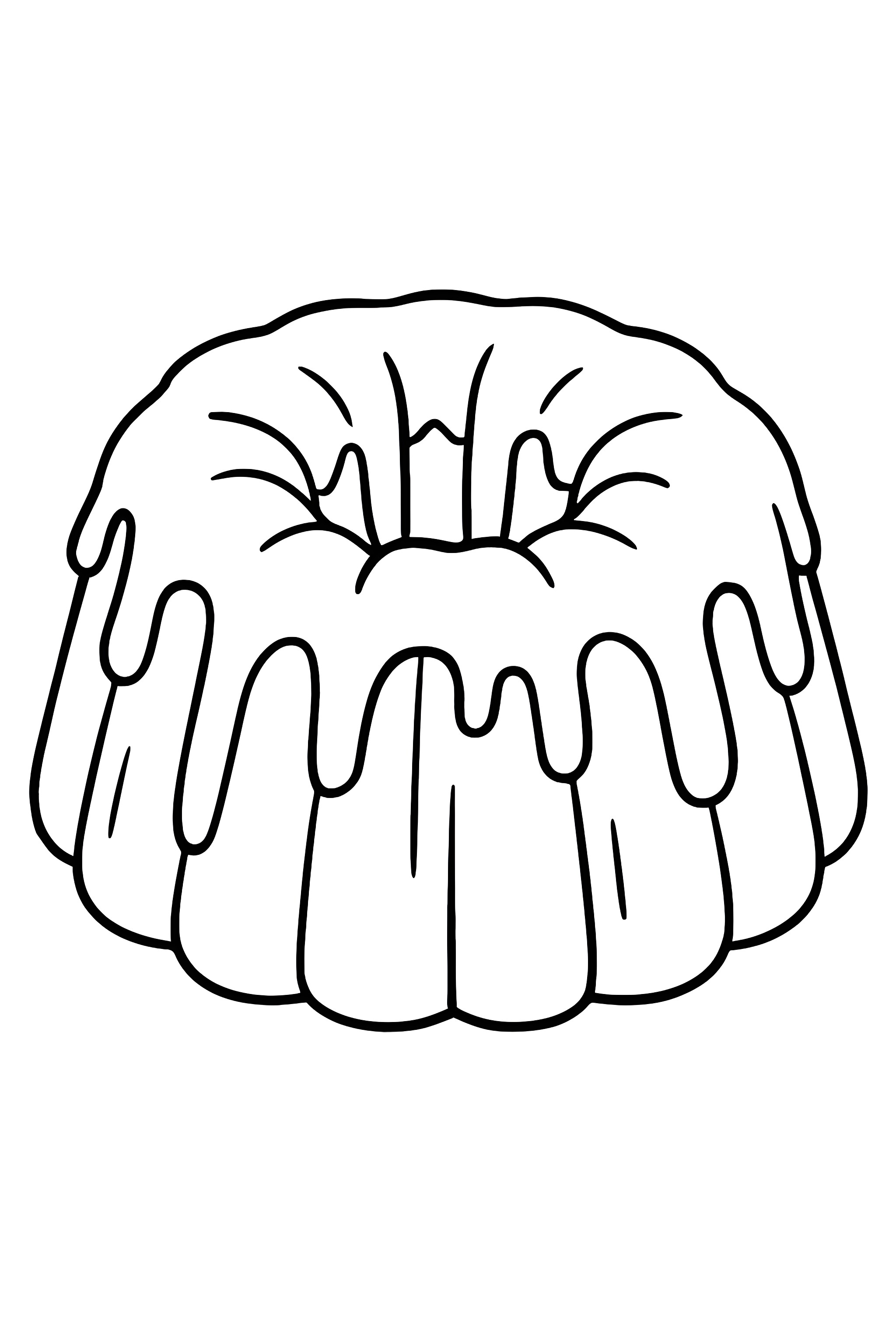 Coloring page of a bundt cake with smooth glaze dripping from the edges, showcasing pleated sides and a hollow center