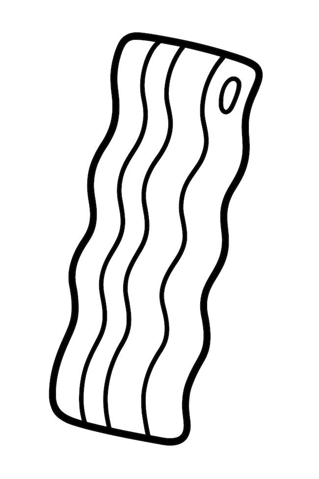Coloring page of a straight, glossy cooked bacon strip with visible wavy texture and a shiny surface