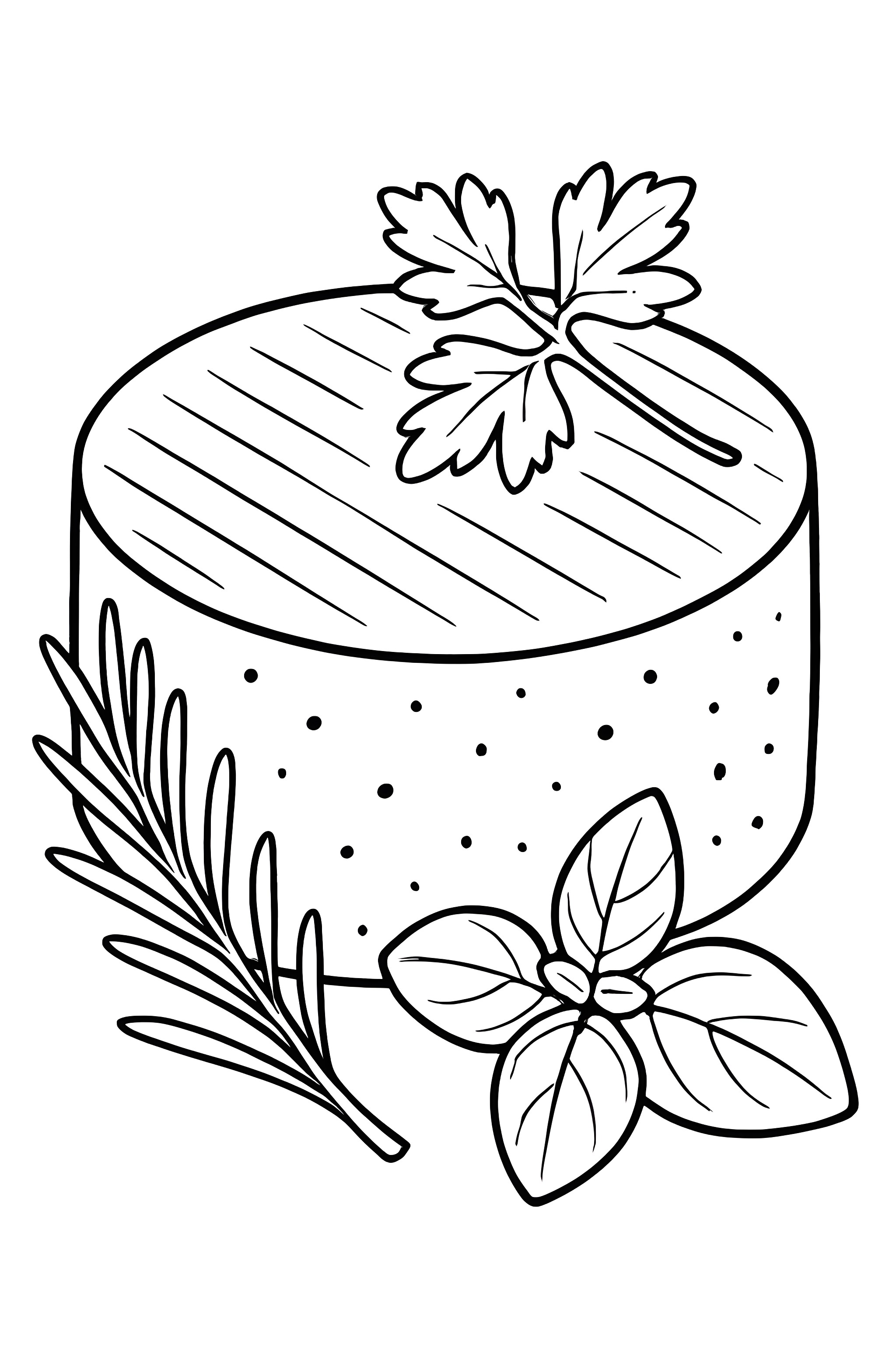 A round goat cheese garnished with herbs including rosemary and basil for a detailed food illustration