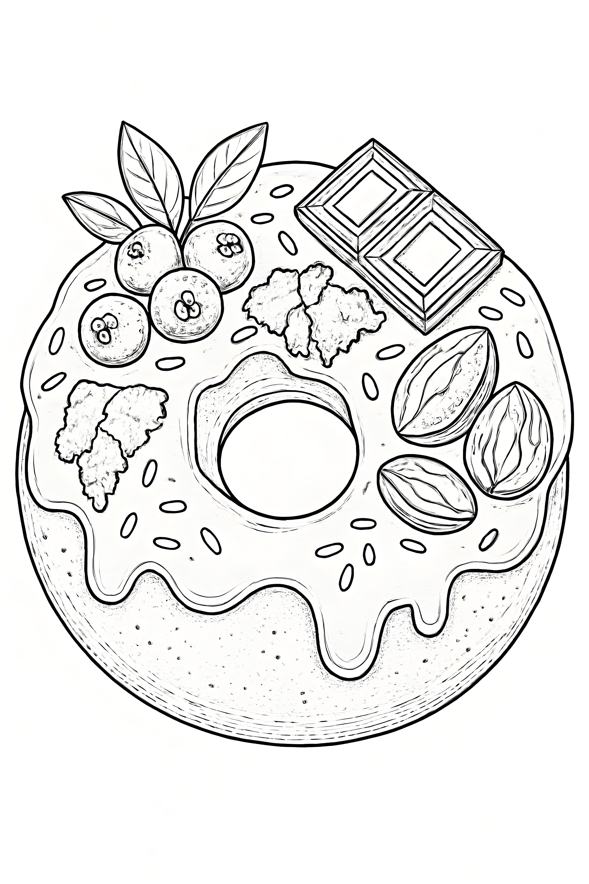Coloring page of a gourmet donut adorned with gold leaf, berries, nuts, and chocolate squares on top