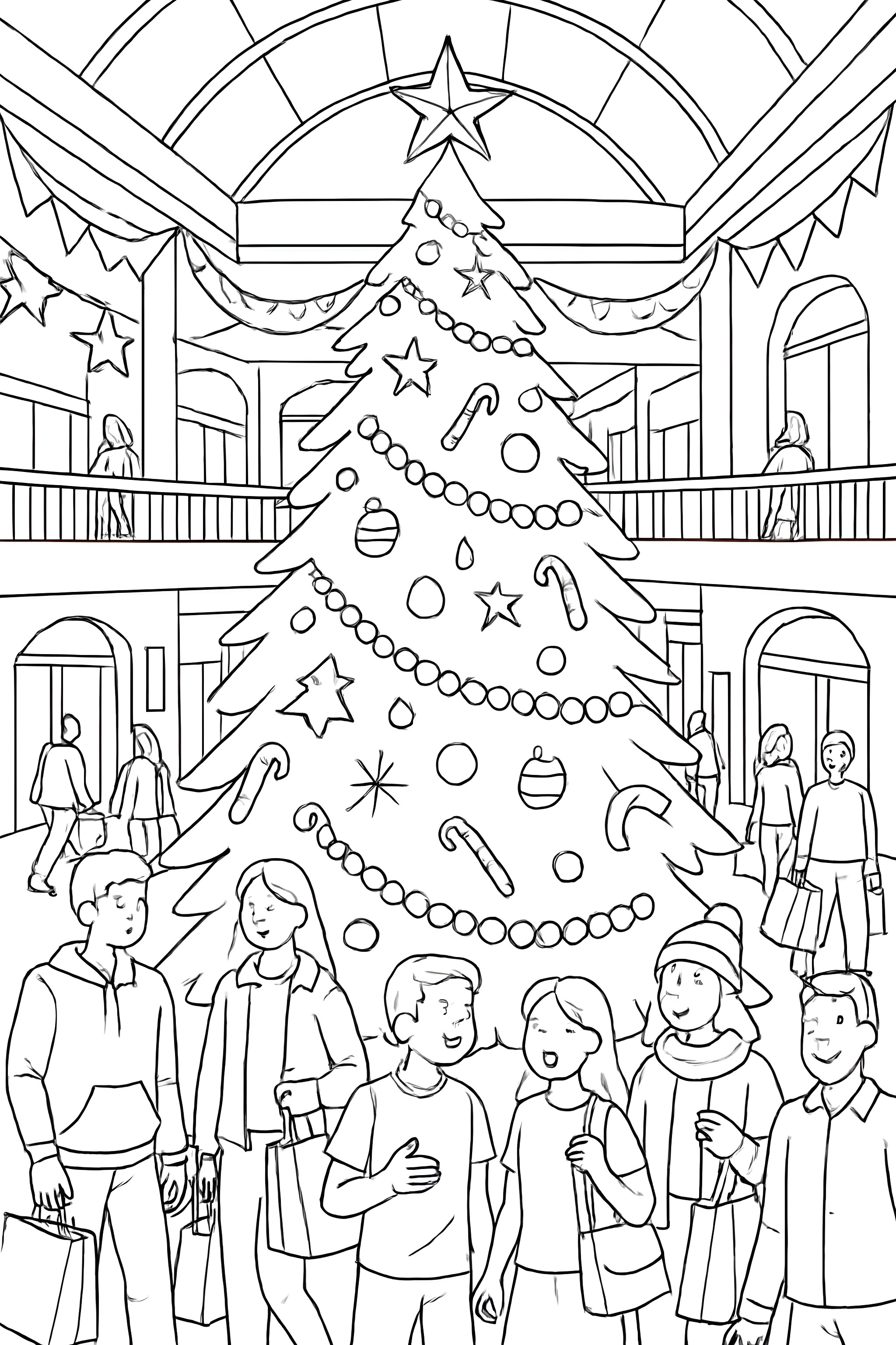 A grand central Christmas tree adorned with ornaments, surrounded by shoppers holding bags in a busy mall setting
