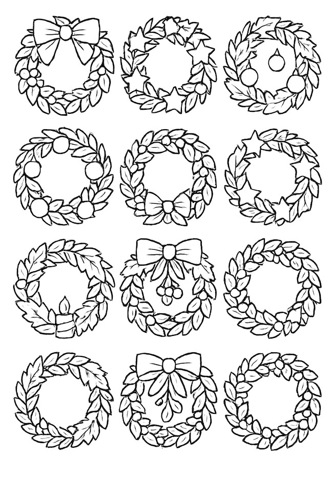 Coloring page featuring a grid of nine distinct Christmas wreath designs, each adorned with festive decorations like bows, stars, ornaments, and candles