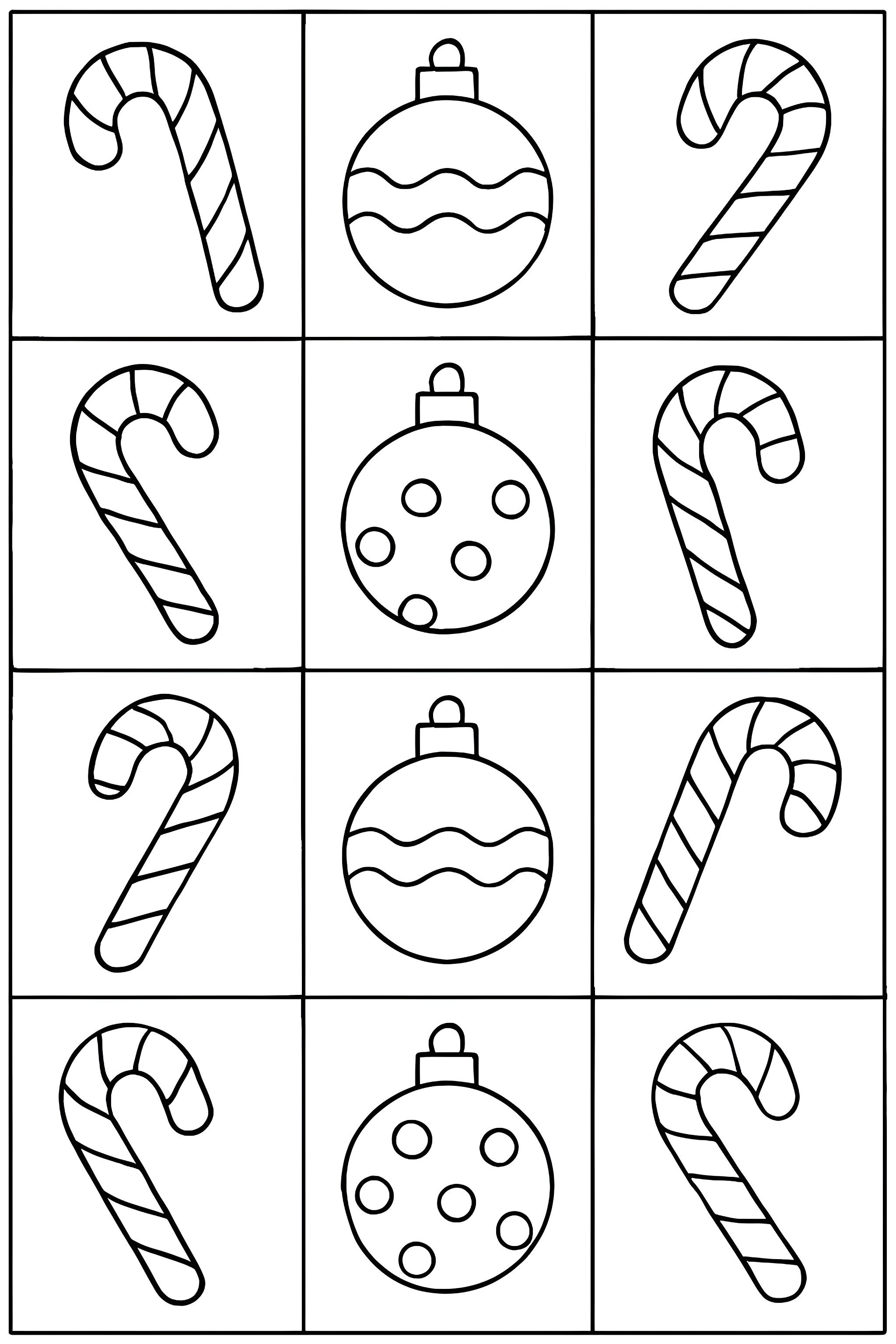 Coloring page featuring a grid with alternating candy canes and Christmas ornaments in varying designs