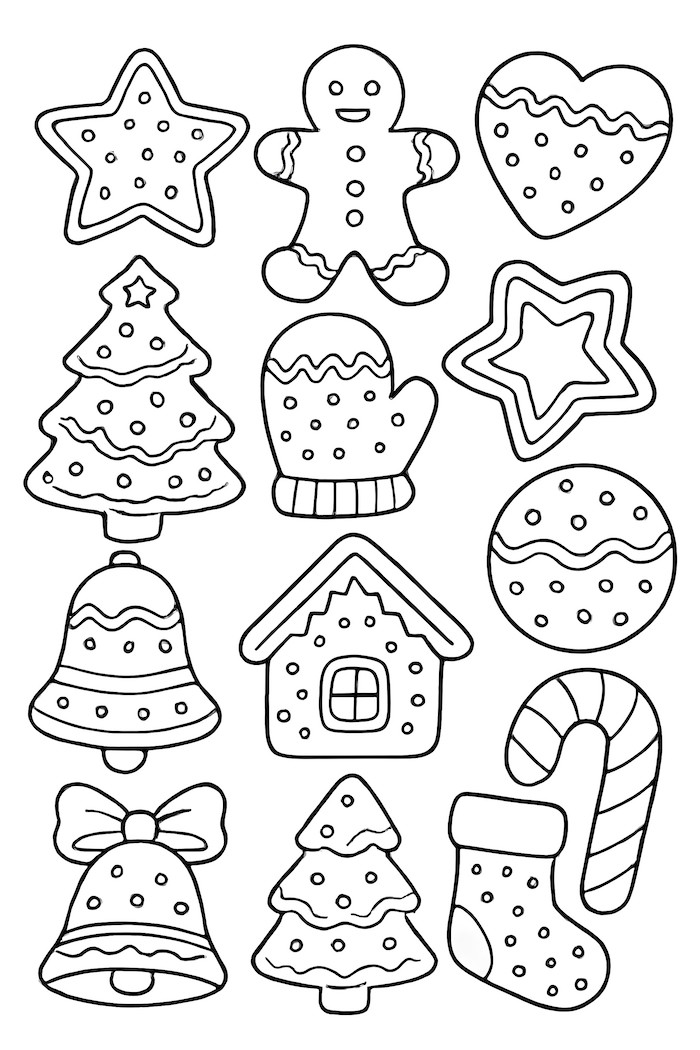 Coloring page featuring a grid of Christmas cookie shapes, including stars, trees, gingerbread men, and stockings with varying icing designs.