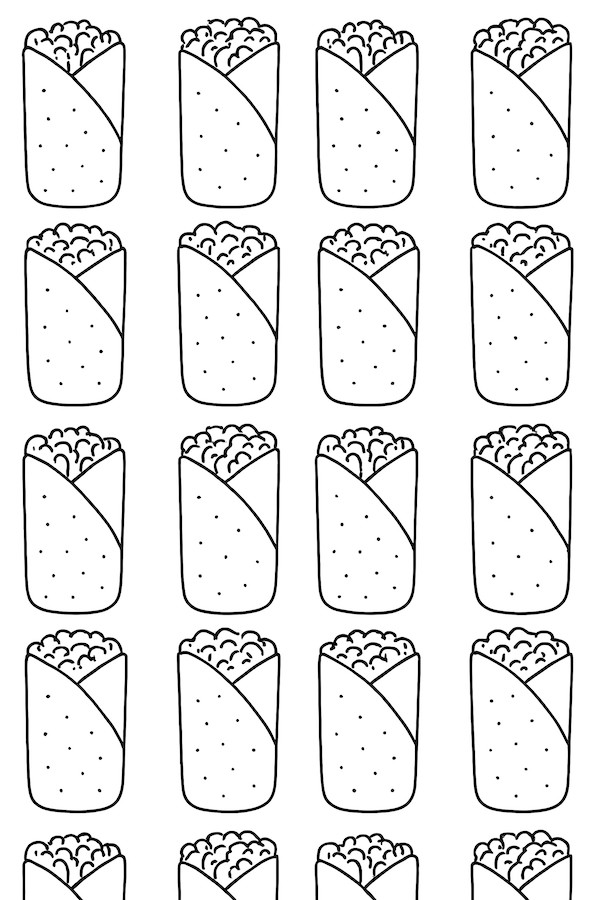 Coloring page featuring a simple grid pattern of classic burrito shapes with various fillings peeking from the tops