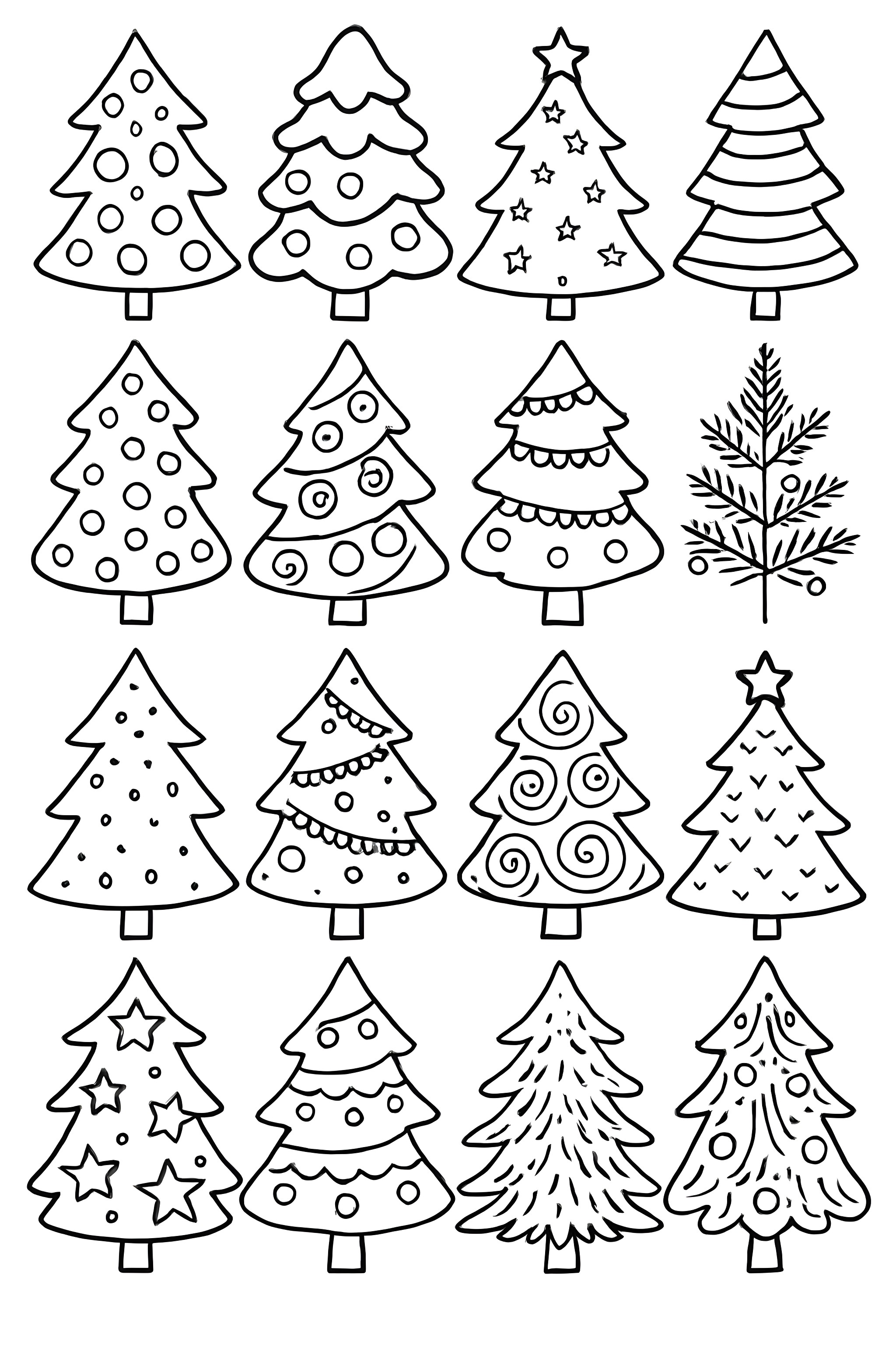 Coloring page featuring a grid of various styled Christmas trees with unique decorations and patterns