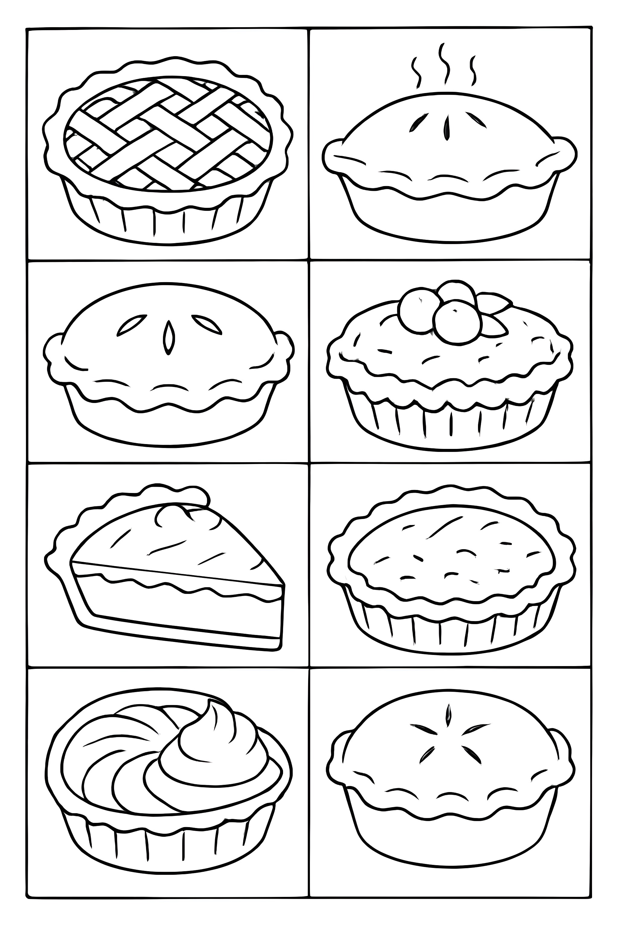 Coloring page featuring a grid layout of various pies including a lattice pie, round pies, and a slice of pie, each uniquely designed.