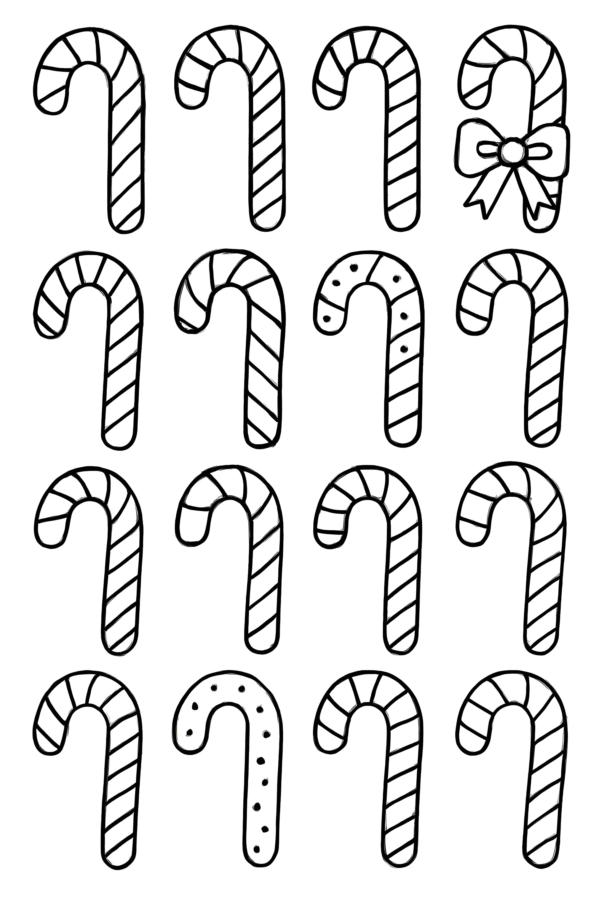 A grid of candy canes in various shapes, sizes, and patterns, including striped and dotted designs