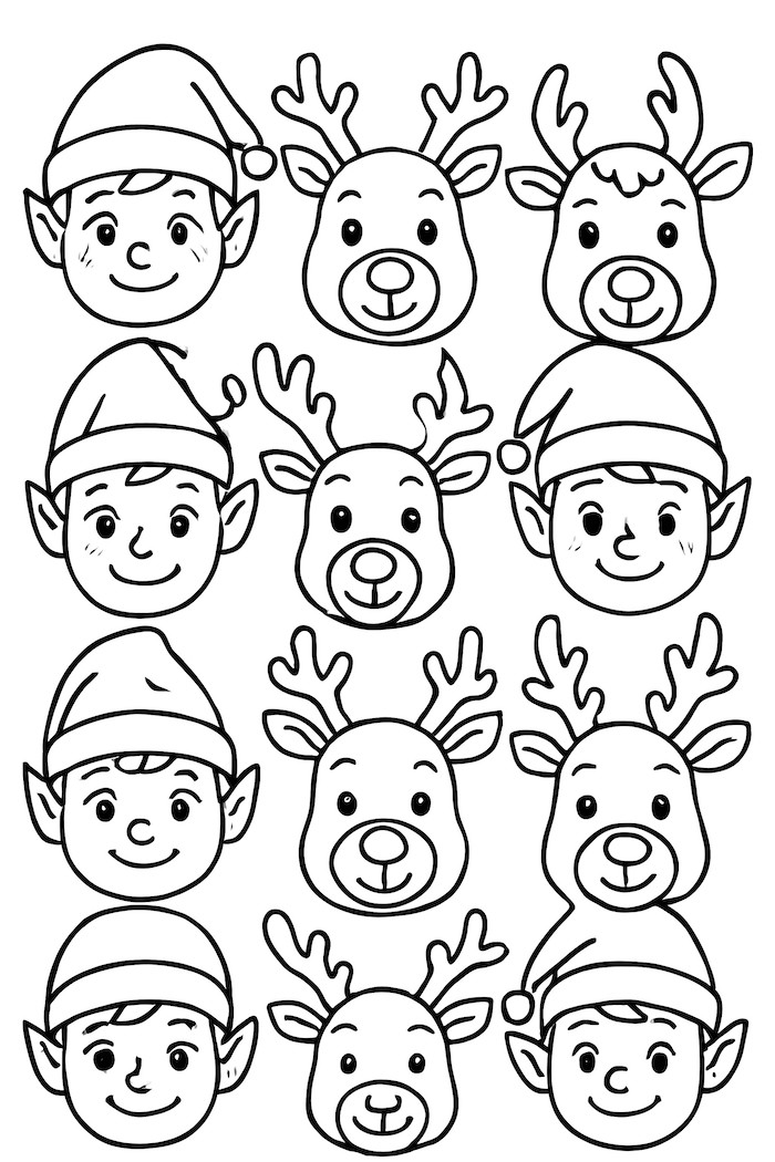 Coloring page featuring a grid of cheerful elves and reindeer faces with festive hats and antlers