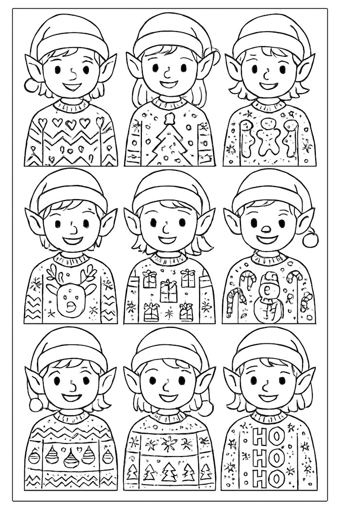 Coloring page featuring a grid of nine elves wearing various ugly Christmas sweaters with holiday designs.