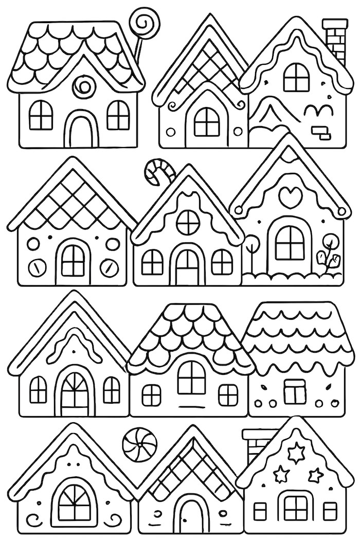 Coloring page of a grid featuring various gingerbread house rooftops with unique designs and decorations