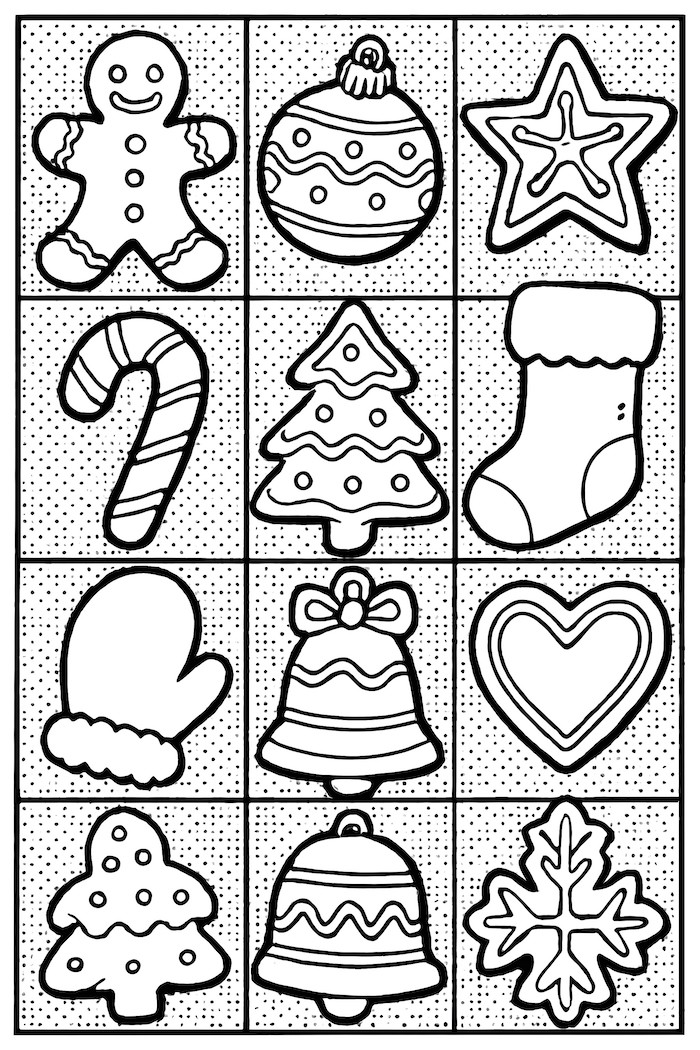 Coloring page of a grid featuring pop art style Christmas cookies including a gingerbread man, ornament, star, candy cane, Christmas tree, stocking, and snowflake.
