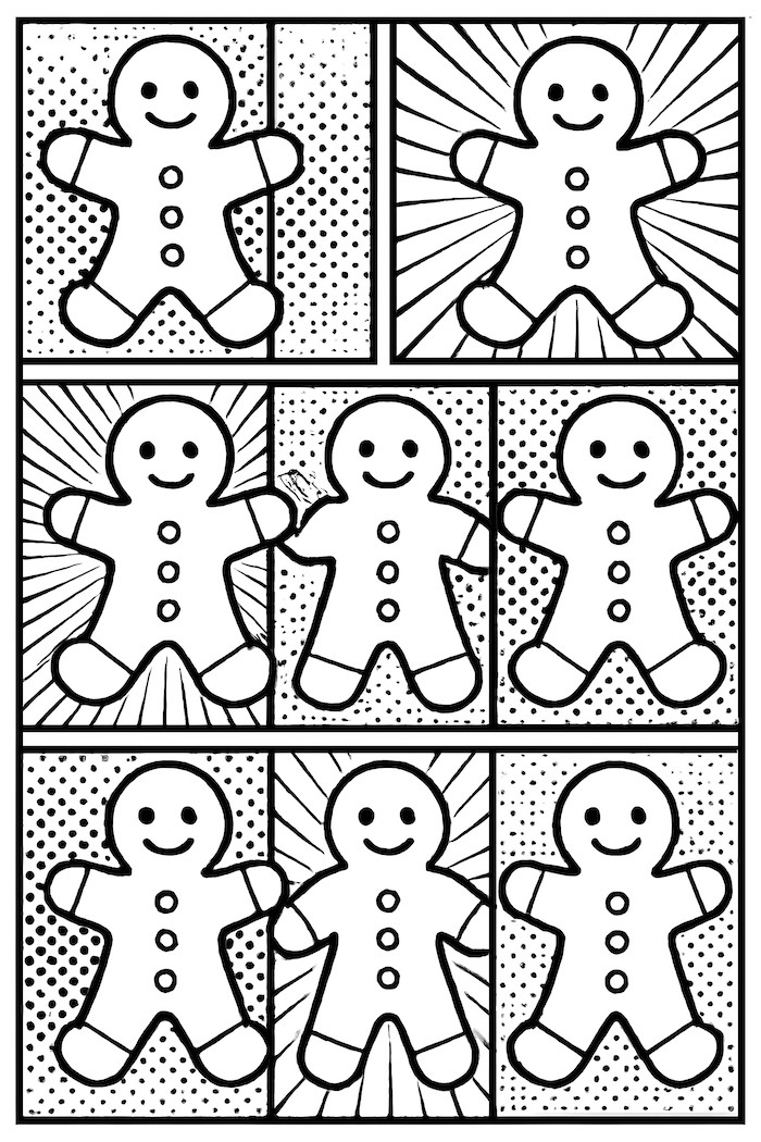 Coloring page of a grid featuring multiple gingerbread man cookies in pop art style with varying background patterns