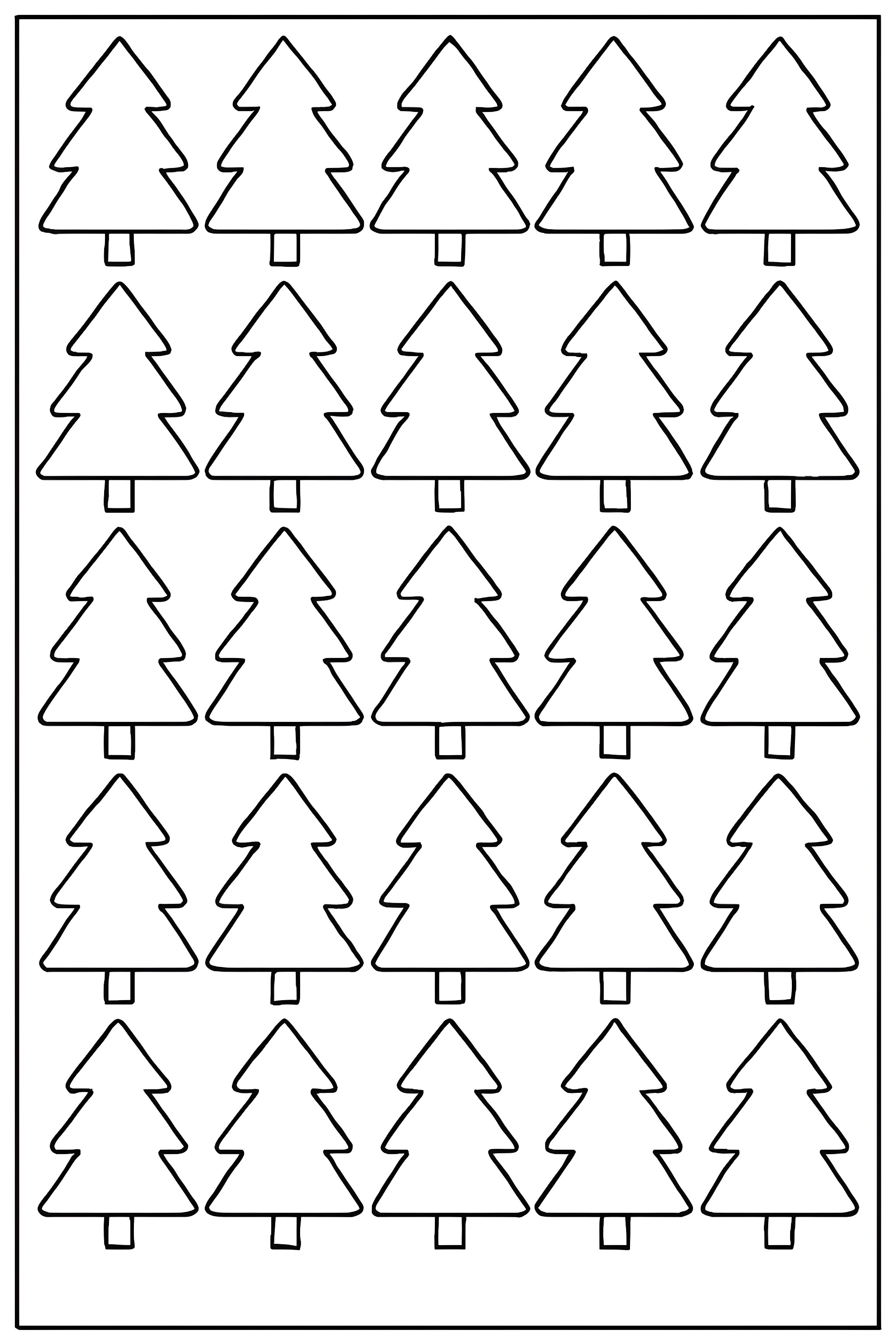 Coloring page featuring a grid pattern of Christmas tree silhouettes with square trunks and triangular foliage
