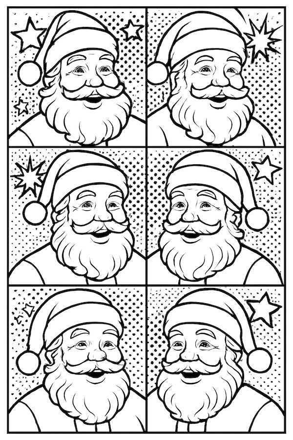 Coloring page featuring a grid arrangement of six distinct Santa faces in a pop art style with stars and dots