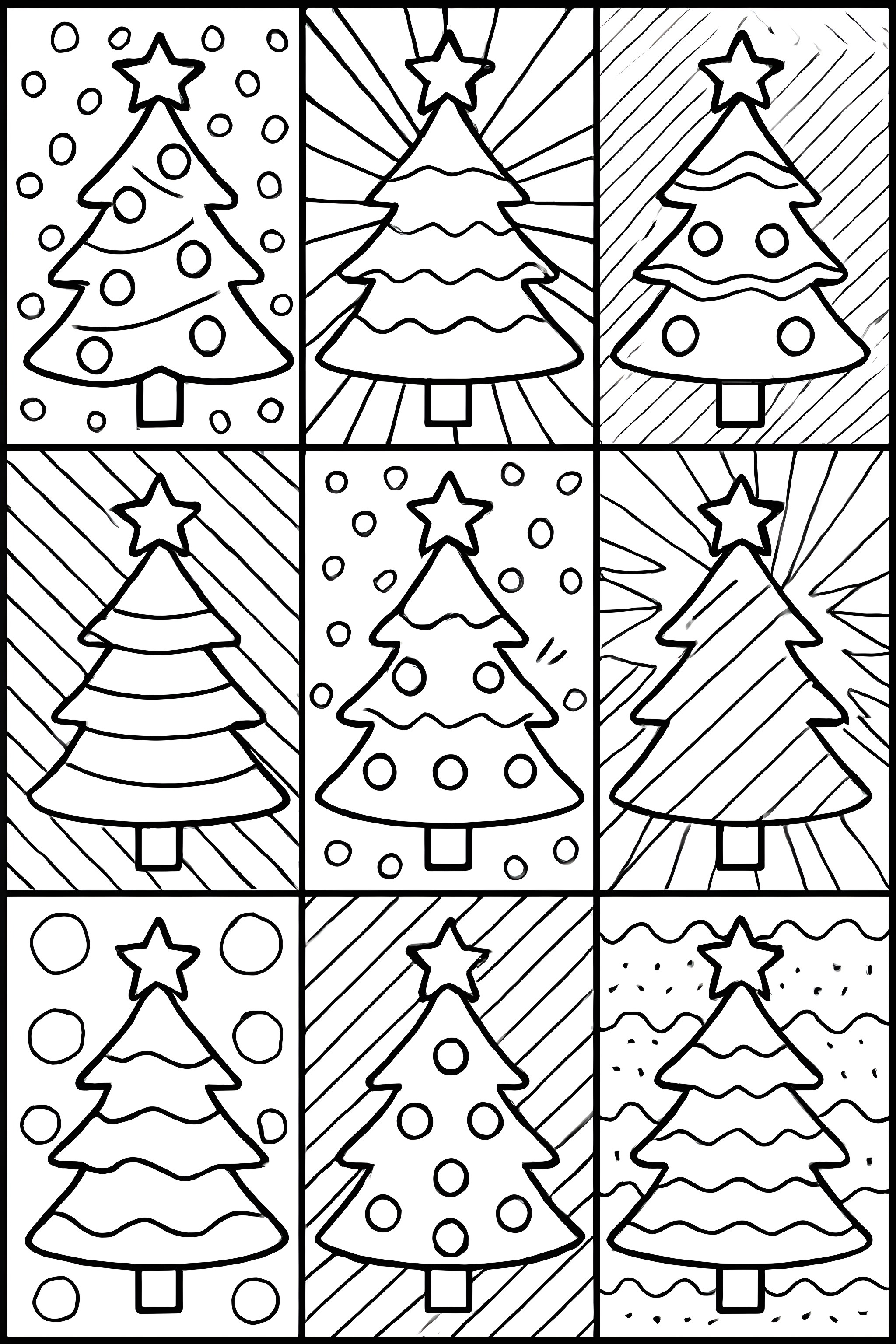 Coloring page featuring a grid of nine stylized Christmas trees with different patterns and decorations in each box.