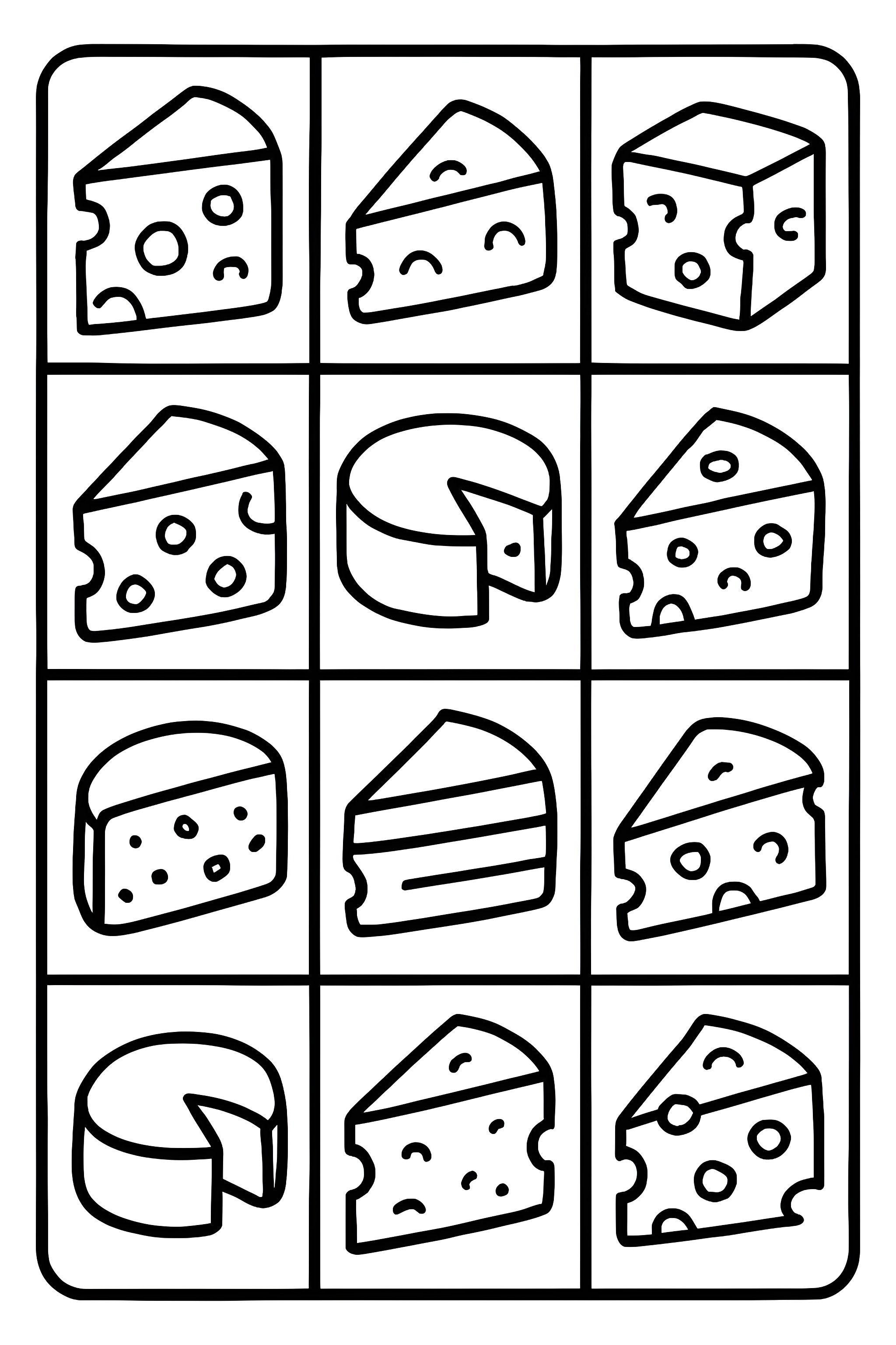 Coloring page featuring a grid pattern with different cheese shapes, including wedge and block forms, each with unique textures and illustrations.