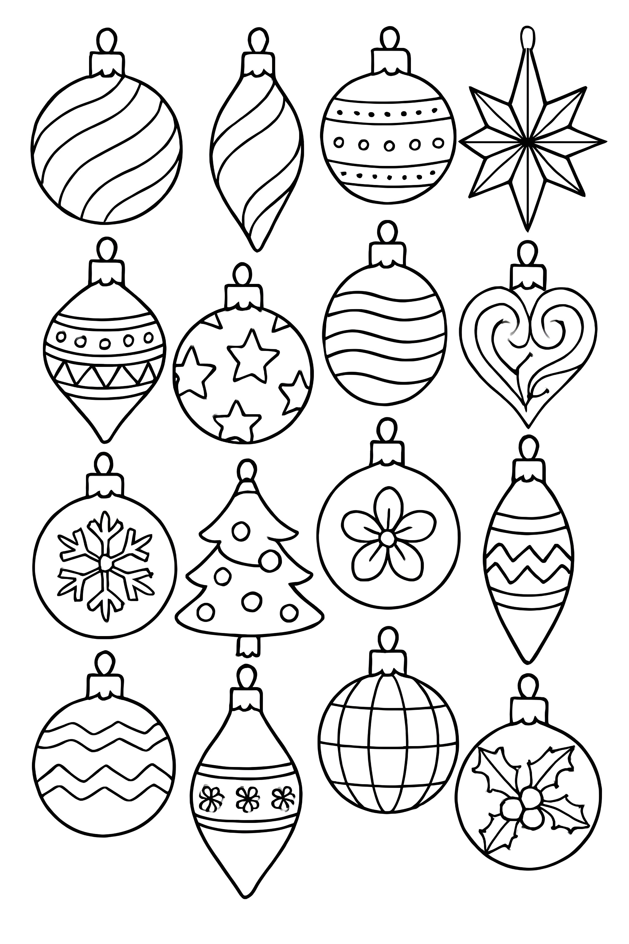 Coloring page featuring a grid of Christmas ornaments with diverse patterns and shapes, including stars, hearts, and Christmas trees.