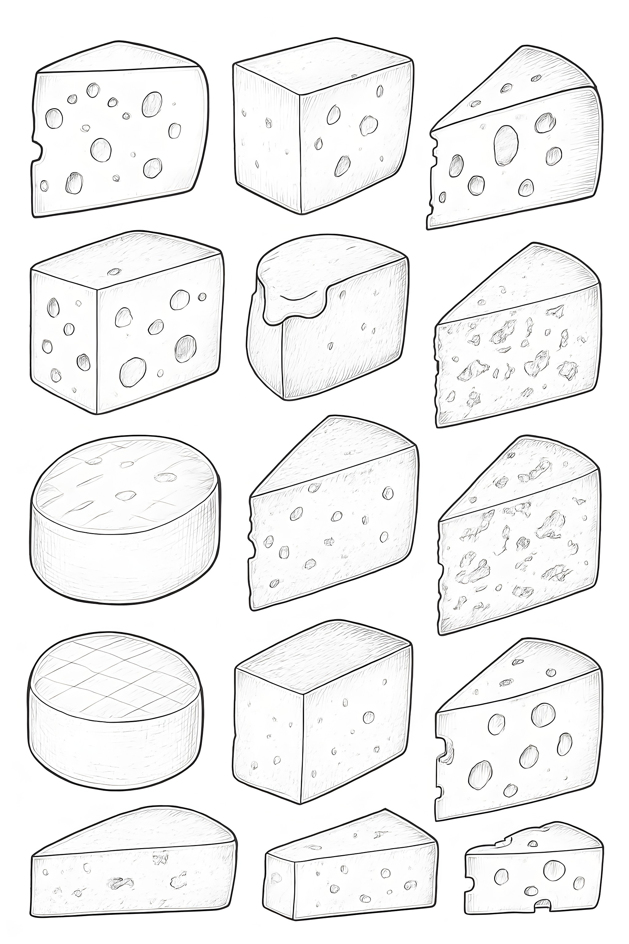 Coloring page featuring a grid with different types of cheese including wedges, cubes, and rounds with various textures