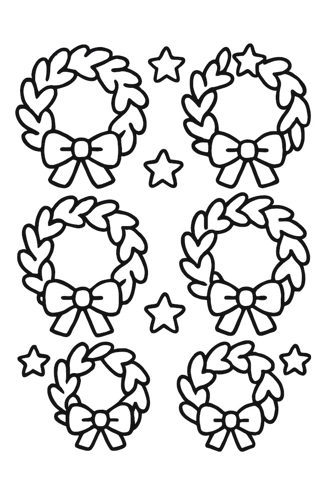 Coloring page of a grid arrangement of wreath patterns featuring bows and stars