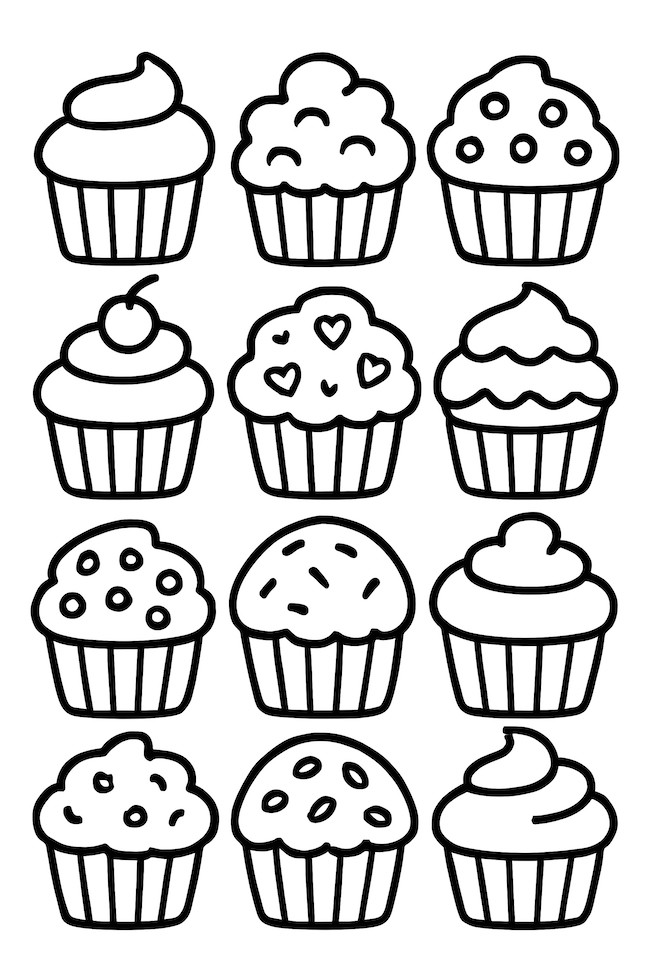 Coloring page of a grid filled with cupcakes featuring different toppings and designs