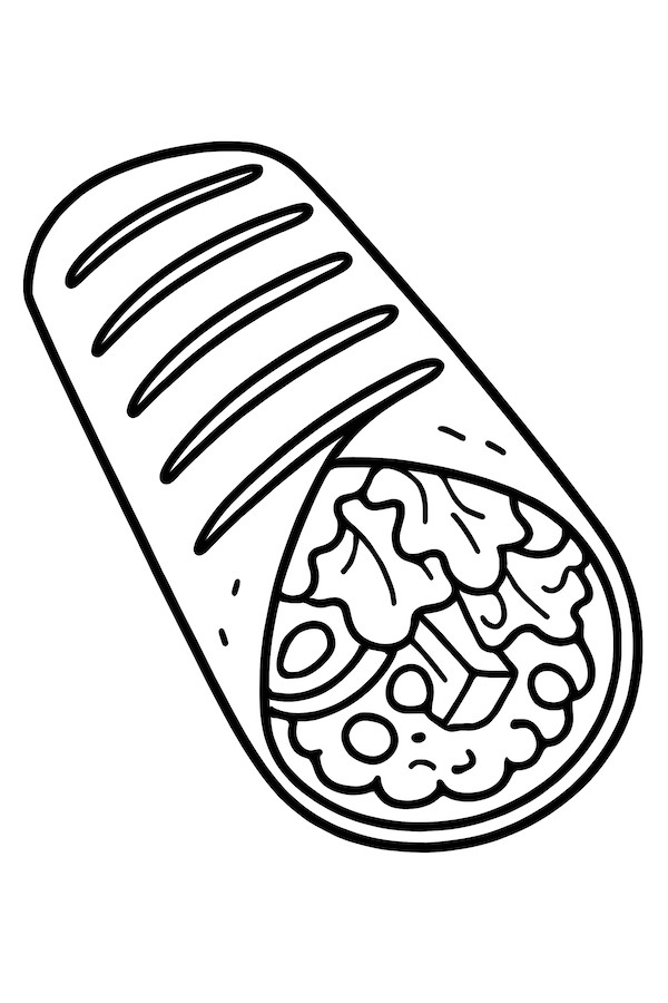 Coloring page of a burrito with grill marks and visible ingredients including lettuce, meat, and beans