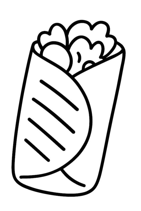 Coloring page of a burrito wrapped in a tortilla with grill marks and visible fillings like lettuce and tomatoes