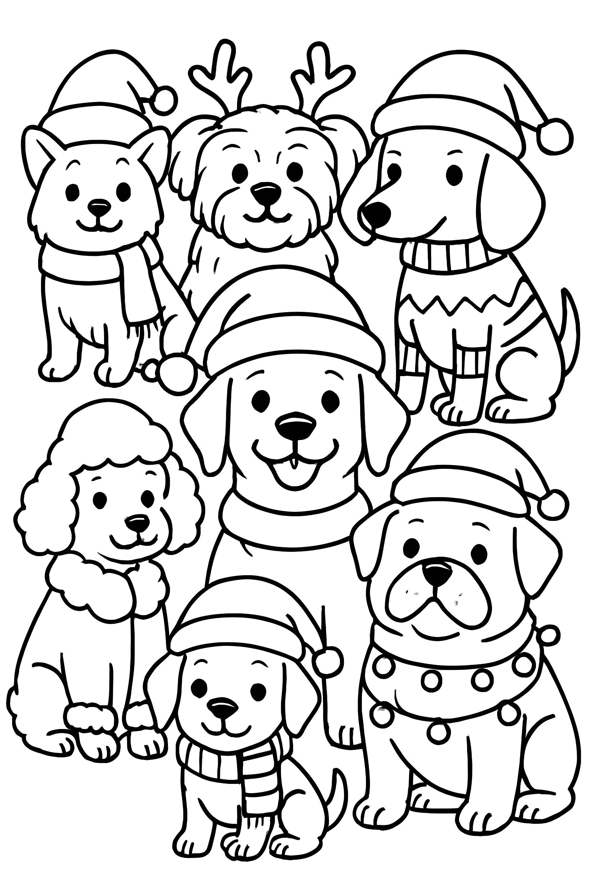 Coloring page featuring a group of various dogs wearing Christmas hats, scarves, and outfits with different expressions