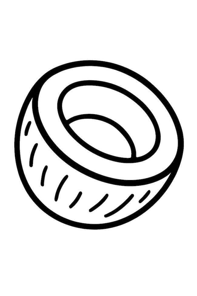 Coloring page of a half coconut showing the inner white flesh with natural texture details