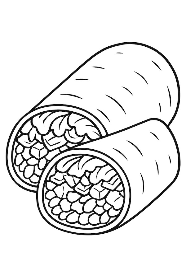 Coloring page of a half-cut burrito displaying layers of rice, beans, and meat fillings