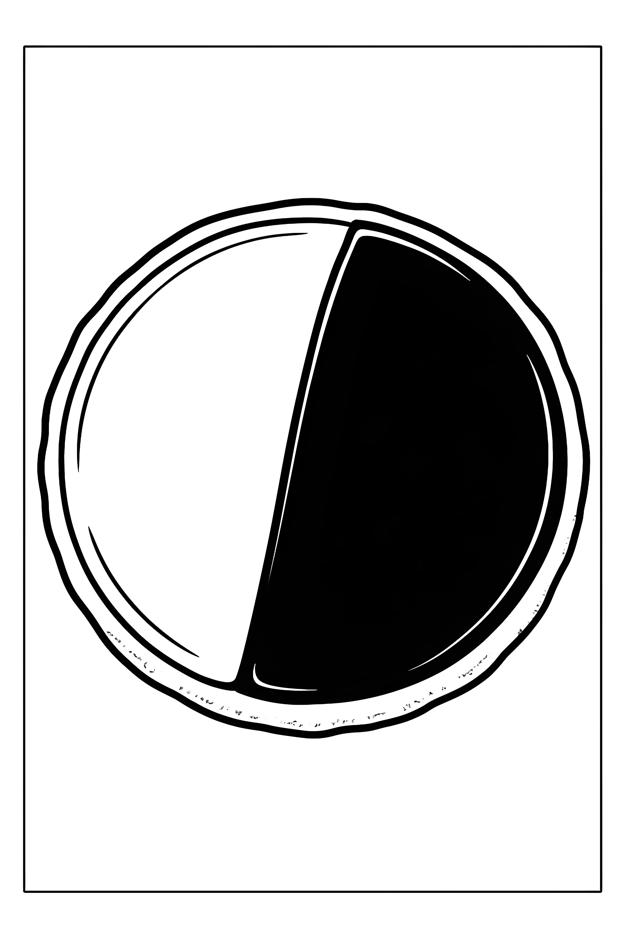 Coloring page of a classic cookie with one half black icing and one half white icing, featuring a decorative edge